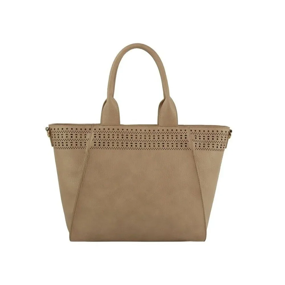 Women's Large Beige Laser-Cut Tote With Detachable Strap